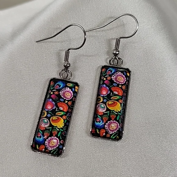 Polish Folk Art Cabochon Style Drop Earrings - Picture 4 of 6